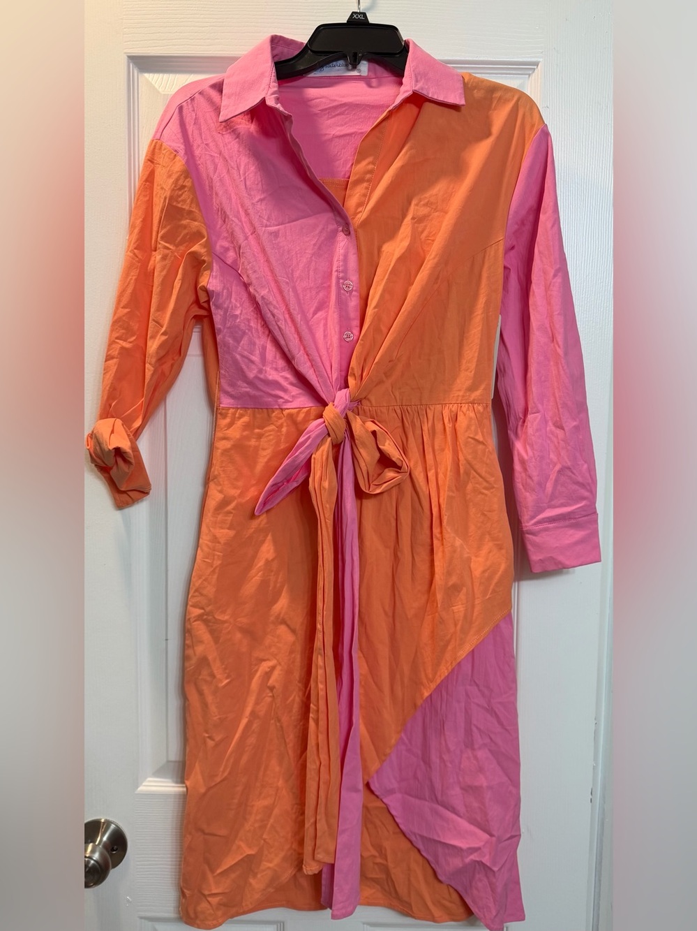 Colorblock Pink & Orange High-Low Shirt Dress